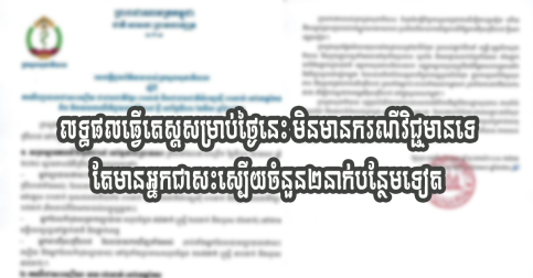 លទ្ធផលធ្វើតេស្តសម្រាប់ថ្ងៃនេះ មិនមានករណីវិជ្ជមានទេ តែមានអ្នកជាសះស្បើយចំនួន២នាក់បន្ថែមទៀត