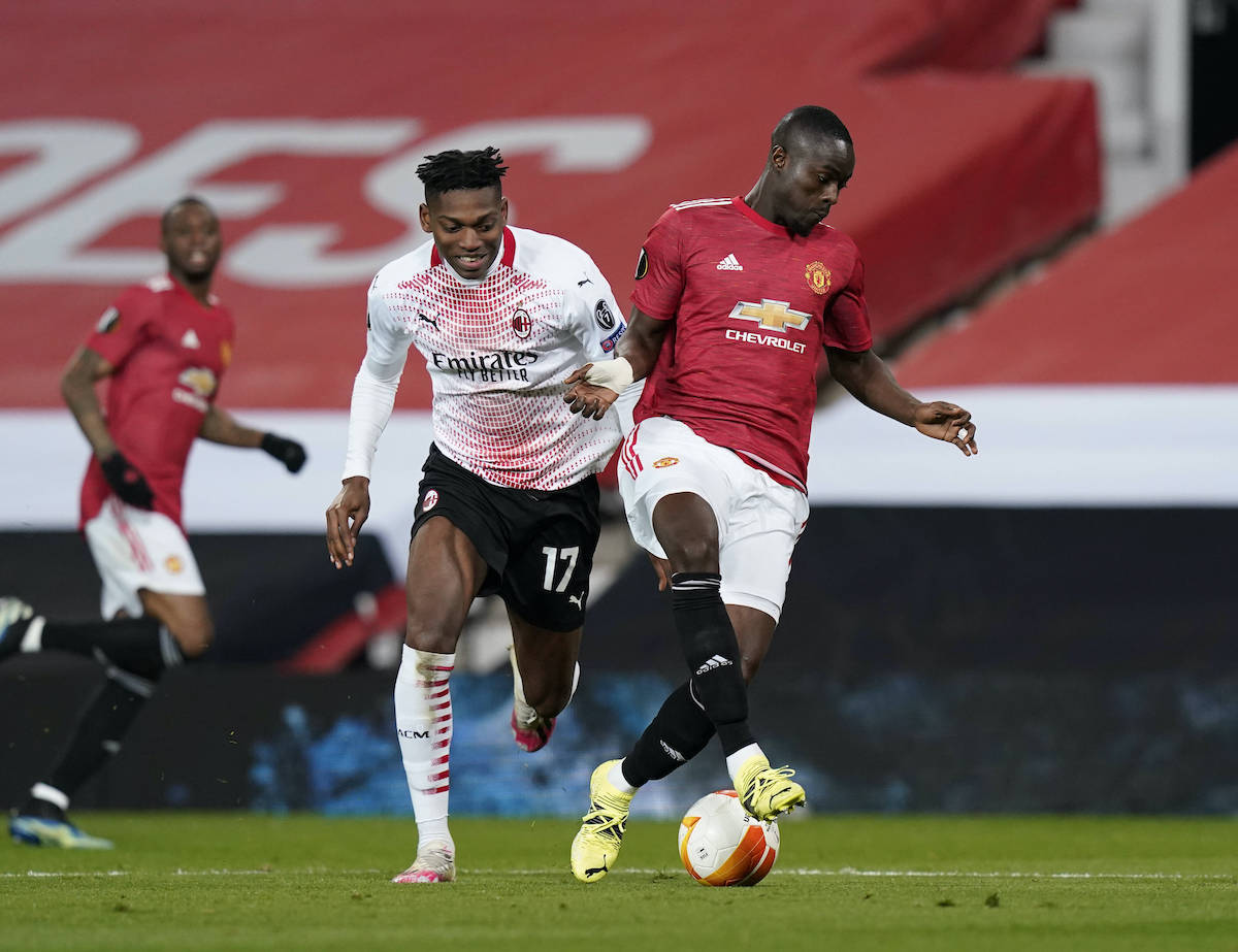 Eric Bailly Of Manchester United, ManU Holds Off Rafael Leao Of AC Milan During The UEFA Europa League Match At Old Traf