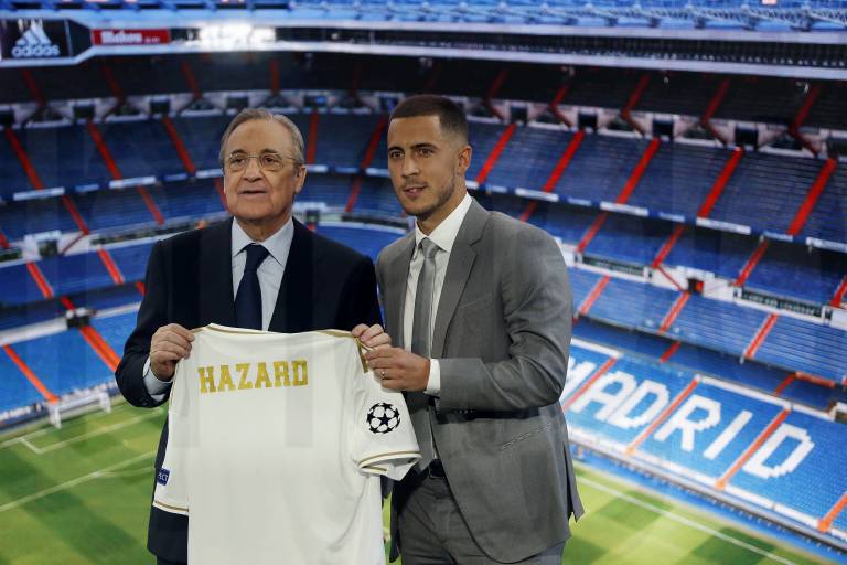 June 13 2019 Madrid Spain Eden Hazard R And Florentino Perez President Of Real Madrid Pose W