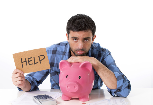 Stock Photo Sad Worried Man In Stress With Piggy Bank In Bad Financial Situation