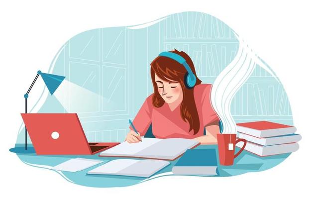 Young Girl Studying At Her Room Concept Free Vector