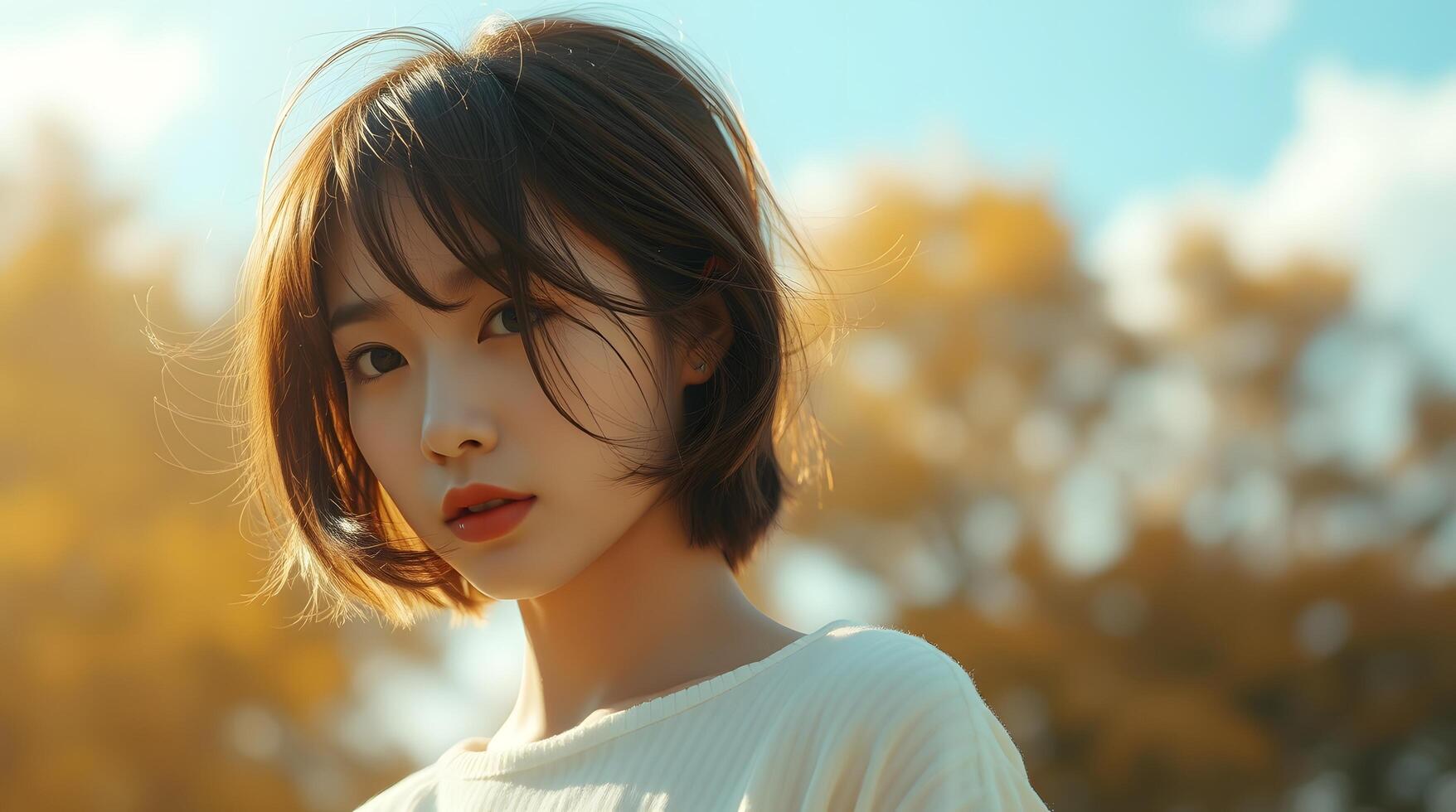 Young Woman Short Brown Hair Golden Hour Outdoor Portrait Free Photo