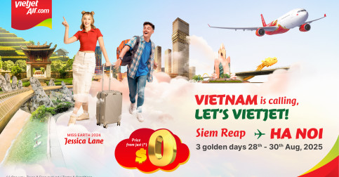 ប្រូម៉ូសិនបញ្ចុះតម្លៃសំបុត្ររយៈពេល ៣ ថ្ងៃពី Vietjet ៖  ធ្វើដំណើរពីសៀមរាបទៅហាណូយជាមួយតម្លៃសំបុត្រចាប់ពី ០ ដុល្លារ