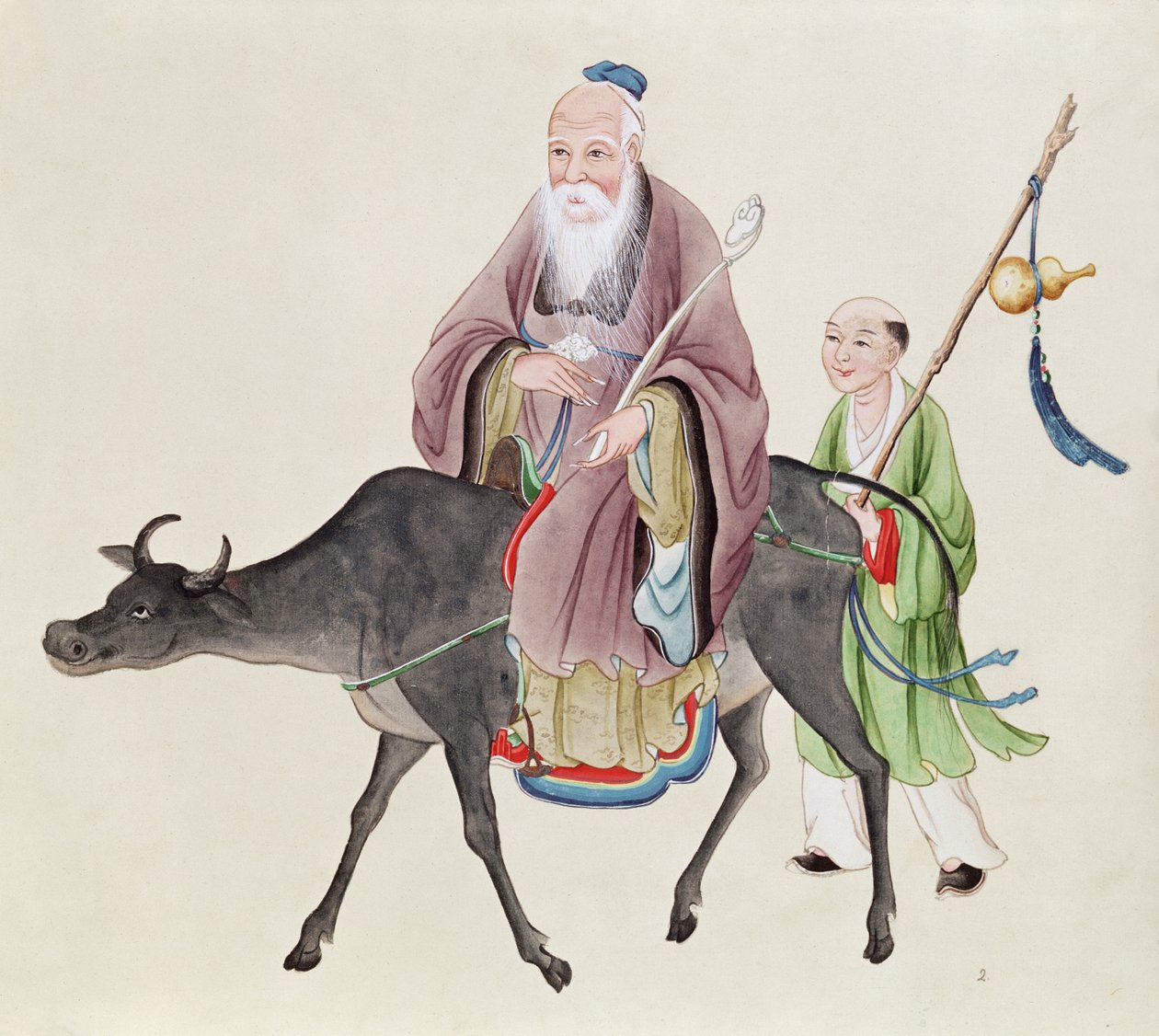 Chinese_School_ _Lao Tzu_(c604 531)_on_his_buffalo_followed_by_a_disciple_(wc_on_paper)_ _(MeisterDrucke 420939)