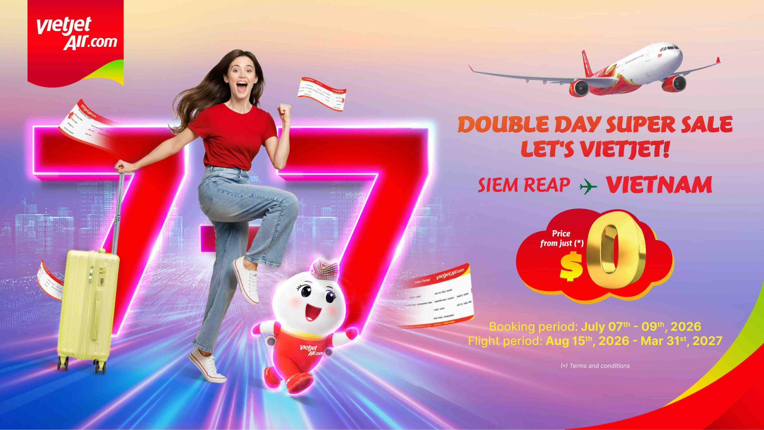 Vietjet លក់សំបុត្របញ្ចុះតម្លៃថ្ងៃទី៧ខែ៧ ដែលមានតម្លៃចាប់ពី 0 និង 20% លើតម្លៃសំបុត្រថ្នាក់ពិសេស Vietjet លក់សំបុត្របញ្ចុះតម្លៃថ្ងៃទី៧ខែ៧ ដែលមានតម្លៃចាប់ពី 0 និង 20% លើតម្លៃសំបុត្រថ្នាក់ពិសេស