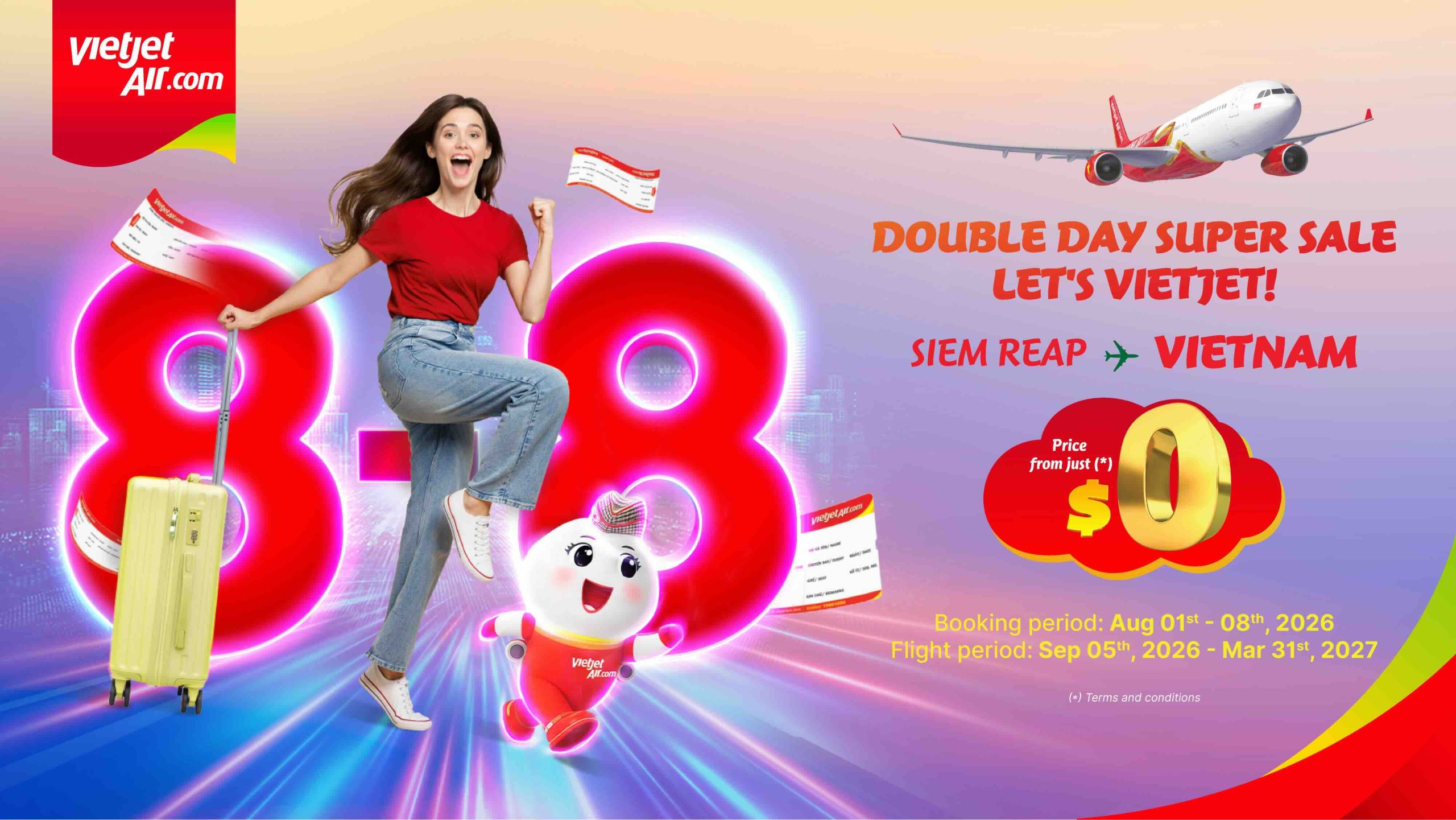 Vietjet ដែលជាក្រុមហ៊ុនឈ្នះពានរង្វាន់ជាច្រើន ផ្តល់ជូនប្រូម៉ូសិនបញ្ចុះតម្លៃសំបុត្រថ្នាក់អេកូរយៈពេលមួយសប្តាហ៍ដែលមានតម្លៃចាប់ពី ០ ដុល្លារអាមេរិក សម្រាប់អ្នកធ្វើដំណើរពីប្រទេសកម្ពុជា Vietjet ដែលជាក្រុមហ៊ុនឈ្នះពានរង្វាន់ជាច្រើន ផ្តល់ជូនប្រូម៉ូសិនបញ្ចុះតម្លៃសំបុត្រថ្នាក់អេកូរយៈពេលមួយសប្តាហ៍ដែលមានតម្លៃចាប់ពី ០ ដុល្លារអាមេរិក សម្រាប់អ្នកធ្វើដំណើរពីប្រទេសកម្ពុជា