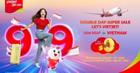 Vietjet លក់សំបុត្របញ្ចុះតម្លៃថ្ងៃទី៩ ខែ៩៖ ធ្វើដំណើរពីសៀមរាបទៅកាន់ហាណូយ តម្លៃសំបុត្រចាប់ពីត្រឹមតែ 0 ដុល្លារអាមេរិកប៉ុណ្ណោះ